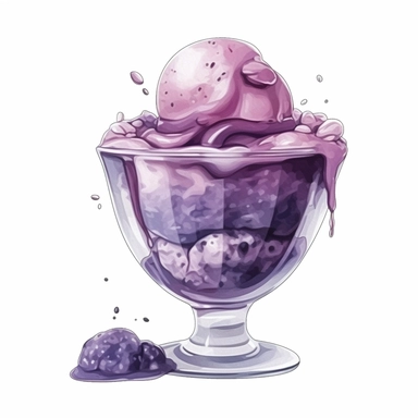 Watercolour of a purple Ice Cream in a glass bowl , Clipart,Cartoon,hyper realistic, intricate detail isolated on a white background, high quality, sublimation, detailed, cartoon style