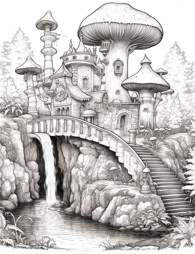 coloring book page, isolated images, illustrations on a white background, Enchanted Forest, waterfall, mushrooms, castle, Clipart, Fairy Forest, greatest for coloring , coloring book page, realistic, bridge, isolated, fussy cuts, highly detailed, hdr, 32K, photo expert quality, coloring book page, realistic, hyperrealistic and highly detailed, isolated on a white background