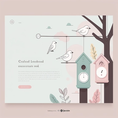 minimalist white landing page, soft pastel colors and small flat clipart birds, font point linear perspective, and sitting on a wire, bird theme, cuckoo clock, cuckoo