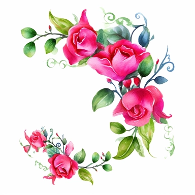 clipart, flowers in the shape of a curve or border for corner, one per page, watercolor clipart, hot pink roses and green leaves, isolated on white background,