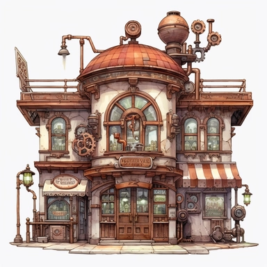 Step into a Steampunk era with this café exterior. Adorned with copper pipework, weathered metal walls, steam valves, and a whimsical weather vane designed from reclaimed machinery. It’s a mechanical marvel that beckons visitors. Hyper-realistic, watercolor Cafe Storefront Clipart, white background
