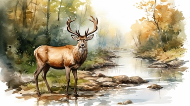 A majestic deer standing on the edge of a forest with a river flowing in the background - watercolor illustration with photorealstic high details clipart, white background