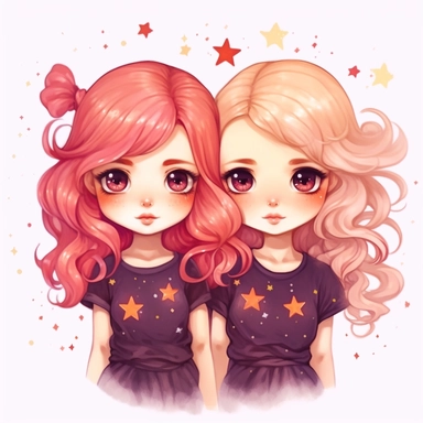 zodiac sign gemini, cute little clipart, kawaii little twin girls, white background, high quality, high definition, 8k