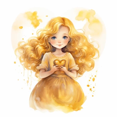 watercolor clipart whole body kawai little baby girl disney angel with flowing golden hair, wearing a flowing gown. She holds a heart in her hands, emanating love, white background