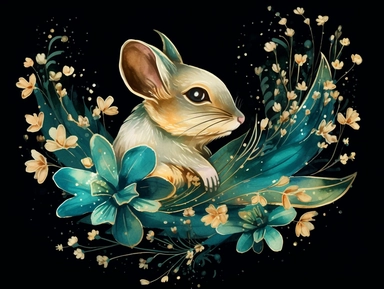 deep emerald gold watercolor Flying squirrel with flowers plants clipart, golden metallic lines and some glitter, shining colors, dark background, 8k, high resolution