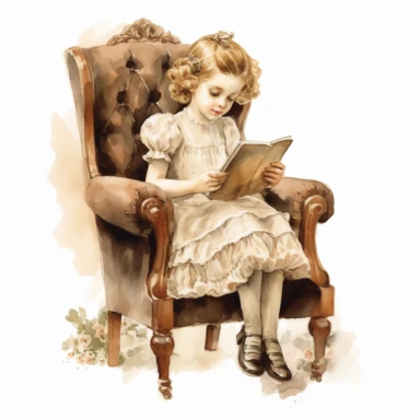 victorian vintage adorable little girl reading book on a vintage chair, full body, beige colors, clipart style, oil painting technique, super high quality, professional watercolor clipart, high resolution, 8k