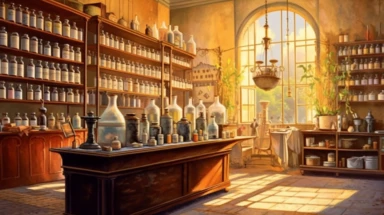 illustration, realistic interior of a vintage bengalore 1896 perfumery and pharmacy with some perfume bottle boxes incense boxes, atmospheric sunset lighting, Clipart, watercolor, realistic, full building, highly detailed, hdr, 32K, photo expert quality, watercolor realistic, hyperrealistic and highly detailed