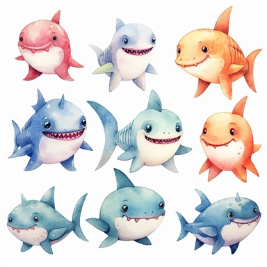 watercolor set of baby shark clipart, for kids book, white background, HD, Color, Cartoon
