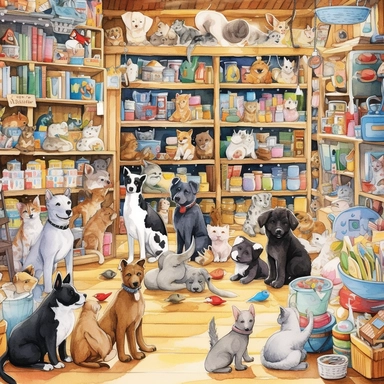 watercolor, Pet Store: Create a cartoon showcasing a vibrant and well-stocked pet store, with cute animals like puppies, kittens, and birds waiting to find their forever homes. png Full body realistic cartoon in 32K UHD cute. 15 cm thick outline. Black color. There was no shadow on the ground. 8k with realistic watercolors and detailed illustrations. PNG clipart, transparent white background