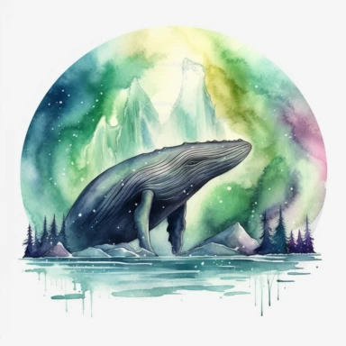 humpback whale in the northern lights landscape, watercolor clipart, 32k