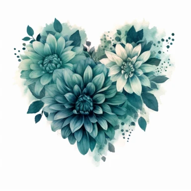 a heart shape made with teal and pastel teal Dahlia flowers, wet on dry watercolour style, dark gothic antique look, clipart, white background