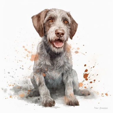cute Slovakian Wirehaired Pointer dog portrait, full face, centered shot, side shot, sitting, in action, playful mood, happy mood, playing mood, cute face, adorable smile, childlike eyes, clean watercolor illustration, white background, nursery baby imagery, painting, detailed, 8k, PNG, clipart,