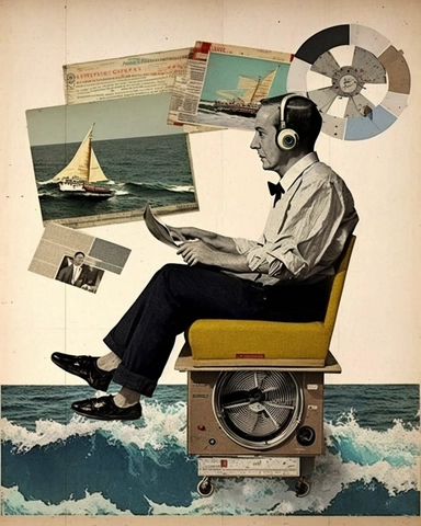 man from the 1950s, 30 year old man, mixed media, cruise ship, ocean, collage, arts and crafts, mixed media, record player, music, mobility chair, wheel chair, magaine style, retro, vintage, surreal, newspaper clippings, layered collage, scrapbooking, 8k, collage, scrapbook, photography