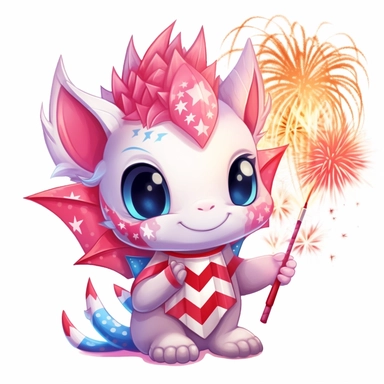 illustration of cute pink baby dragon in red white and blue american flag colors, celebrating 4th of july with fireworks, clipart svg, white background