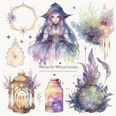 watercolor witchcraft set of gateway, watercolor clipart, isolated elements, in the style of the stars art group (xing xing), tanya shatseva, artgerm, Josephine Wall, pastel colors scheme, lovely, uhd image, transparent/translucent medium, bloomcore, matte painting, white background, charming character illustrations –seed 2402384654