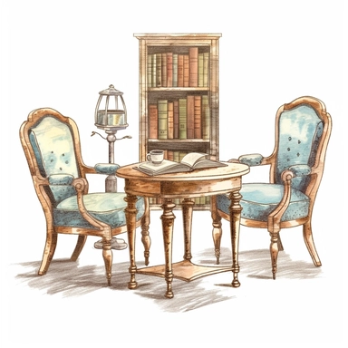 Vintage Library 2 Chairs and Table: A clipart set featuring vintage library 2 chairs and a table, inviting readers to immerse themselves in a comfortable reading environment retro look vintage blueish colors pale colors pastel graphic vector illustration painting oil painting da vinci style white background