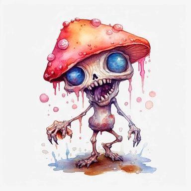 magic mushroom zombie, cute hungry mushroom zombie, Watercolor clipart, magic solid background, transparent