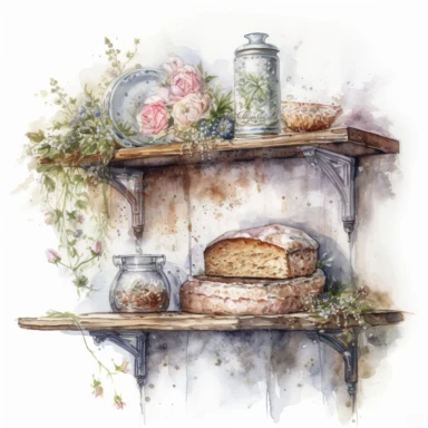 isolated on white illustration watercolor art of a part of a white kitchen shelf with bread and cake, overgrown with white and light pink roses and flowers, covered with snow and ice, a lot of moss and branches, lace and embroidery, masterpiece by Tomasz Alen Kopera style and by Carl Holsoe style and by James C. Christensen style and by Alexander Jansson style, Baroque Architecture, PNG clipart, isolated on white, white background, extreme photorealistic details, 32k HD resolution, realistic hig