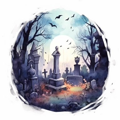a watercolor sketch of a graveyard with graveyard full moon, in the style of charming illustrations, vanitas, tattoo-inspired, nightcore, andrei markin, digital art techniques, restrained color palette , isolated white background, clipart,