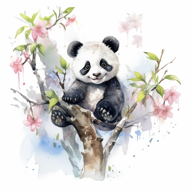 a cute happy laughing baby panda sitting proudly on a spring branch, teacher, with a few spring blossoms and leaves framing the scene, vivid colors, watercolor by thomas w. shaller, clipart, white background, no watermark, 8k, super resolution, megapixel