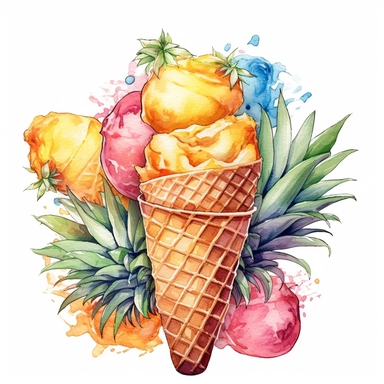 Indulge in the mouthwatering delight of a watercolor illustration capturing the essence of a luscious [pineapple] ice cream. This delightful clipart brings together the whimsy of a cartoon style with hyper-realistic details, creating a truly tempting treat for the eyes. Every brushstroke showcases intricate details, from the glistening texture of the ice cream to the vibrant red hues of the ripe [pineapple]. Isolated on a pristine white background, this high-quality artwork is perfect for variou