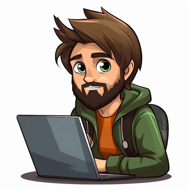 A friendly programmer with brown hair, a small beard and green eyes on a laptop, clipart, simple, anime style avatar