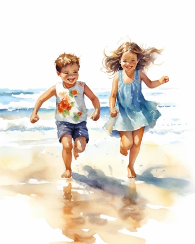 watercolor clipart kids playing on the beach , hyper realistic, 8k, isolated on white background