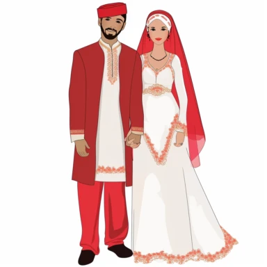 Create one clipart full size body of a couple wedding [maroccan] with loving expressions, gentle and affectionate body language, hugs . The couple is form with [ bride in kifta wedding dress] and [ a man in maroccan suit wedding ]. Use traditional clothing and accessories that are meaningful to each culture, and incorporate [color] and [color] to add visual interest and cultural significance to the design by Eddie Campbell