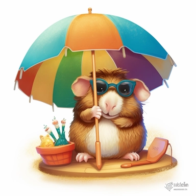 hyper-detailed clipart illustration of a happy Guinea Pig, sitting on a beach chair, wearing sunglasses and sipping a cold drink with a funny hat and a tiny paper umbrella, extreme close-up view, isolated on white background with margins, Studio Ghibli-style,