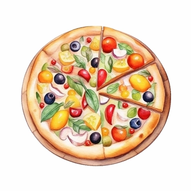 A Pizza clipart in cartoon style with simples shapes, water color style, watercolor illustrations, white background, transparent background, UHD, clean and elegant, watercolor illustration clipart, watercolor clipart, i can't believe how beautiful this is