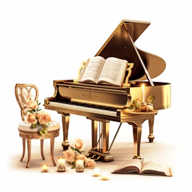 luxury gold piano with a seat, roses, music book and luxury candles digital clipart on white background