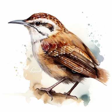 Carolina wren sharp illustration clipart, watercolor art, insane detail, white background