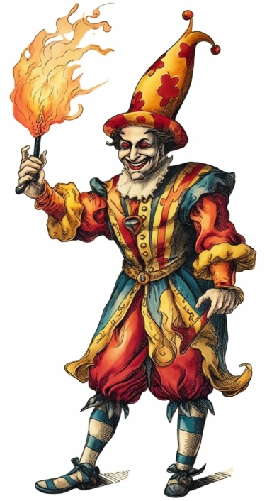 an attractive jester holding a flaming torch jester stock cartoons, illustrations & clipart, in the style of playful visual puzzles, high resolution, caricature faces, primary colors, candid, folk/naïve:, sketchfab