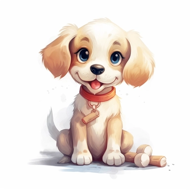 cartoon clipart, wathercolor of art adorably puppy on white background, simple and Adorable little puppy sitting on the ground with a bone in its mouth, big eyes and a friendly expression, cleaning
