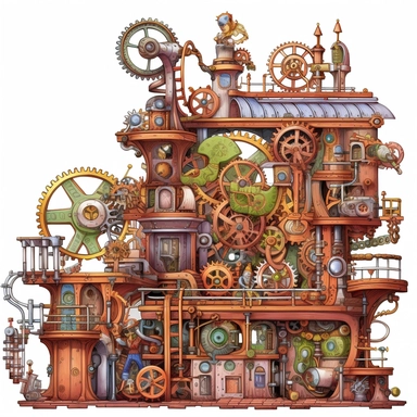 Clipart. White background: In a bustling workshop adorned with shelves of magical artifacts and complex machinery, a collection of whimsical steampunk contraptions takes center stage. Gears, cogs, and valves intertwine with enchanting symbols, infusing the mechanical devices with the power of magic. The foreground showcases the intricate details and fantastical designs of the contraptions, each one uniquely crafted and powered by the whimsical fusion of magic and steampunk aesthetics. The backgr