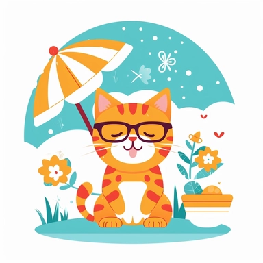 Capture the essence of summer joy with a delightful clipart illustration of a cat enjoying the season, set against a clean white background. Picture a lively cat engaged in playful activities like chasing a butterfly or playing with a beach ball. Infuse the scene with elements that evoke the summer vibe, such as sunglasses, a sun hat, or a cool beverage. Utilize a vibrant color palette featuring pops of bright hues like energetic yellows, lively greens, and vivid blues, creating a sense of warmt