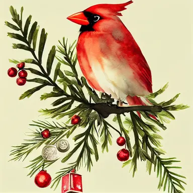 Cardinal bird, vintage lantern, winter greenery. Christmas clipart. Watercolor illustration. Pine fir branches, Holly berry, gold apple, coin. Floral bouquet. Holiday decor for print, card making