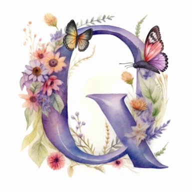 letter Q, decorated with wildflower, subtle butterflies, fine details, soft pastel watercolours, clipart