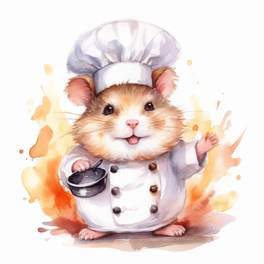 watercolor clipart, A cute chubby hamster, ultra detailed, wearing a chef's hat, Cooking food in the kitchen, tasty, white background, high solution