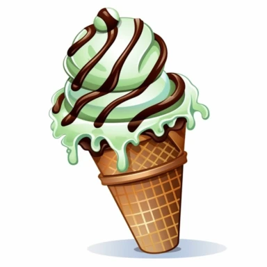Create a clipart of a mint chocolate ice cream cone with a perfect swirl on top, garnished with bits of chocolate. The cone should be slightly tilted and the entire image should be on a white background. Add shadows to give a 3-dimensional effect. The colors should be pastel to invoke a calming and refreshing feeling. Make the chocolate bits easily distinguishable and placed evenly. Overall, the clipart should look delicious and mouth-watering, inviting viewers to indulge in a sweet treat.