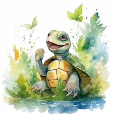 Watercolor of happy turtle in rainforest clipart, for childish cards, illustration style, on white background, detailed, hd