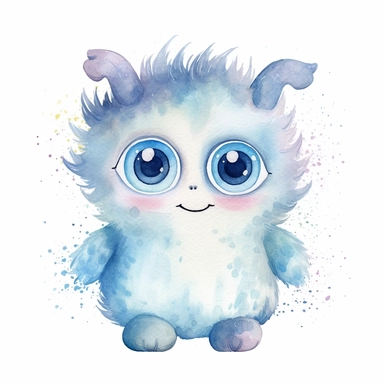 watercolour illustration, cute baby monster, big eyes, smiling, pastel, pale blue, aquarrellist, clipart, isolated, white background,