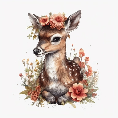 adorable baby deer, full body With Flower Wreaths vibrant colors, red mushroom, outline black, highly detailed, oilpainting clipart white backround
