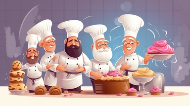 Confectioner chef composition with team of cartoon style cook characters making cupcakes from flour and dough vector clipart illustration