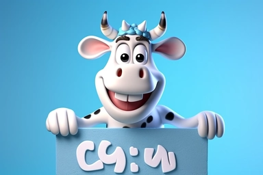 character cartoon cow with banner in clipart 3d image, in the style of unreal engine 5, natalia rak, movie still, matte photo, lightbox, relief, white and cyan