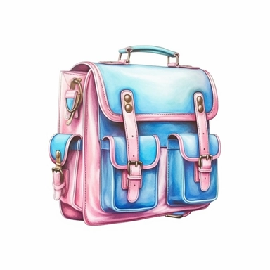 isolated illustration on a white background, a schoolbag with stationary deco, Clipart, watercolor, realistic, fussy cuts, hdr, 32K, photo expert quality, watercolor realistic, hyperrealistic and highly detailed , soft pastel pink and blue colors, girly romantic style--no shadow