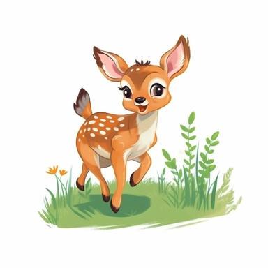 Imagine a delightful clipart image capturing the playfulness of a baby deer frolicking in a meadow. The deer should be portrayed with a gleeful expression, radiating joy. The image should have a white background, a playful cartoon-style aesthetic, and graceful, curved lines.