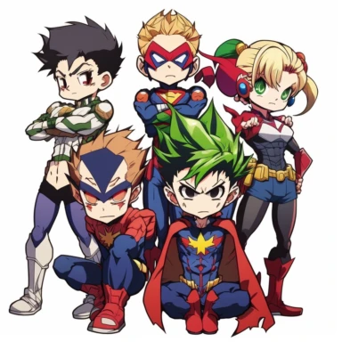 Create a clipart of a group of anime kids dressed up as superheroes, each with their unique costume and powers. The leader of the squad could be a boy with a red and blue suit, resembling a spider, with webs shooting out of his wrists. Another member could be a girl with a green suit, able to control plants and trees. A third member could be a boy with a yellow suit, able to control lightning and electricity. The costumes should have bright colors and bold designs, with each character having the