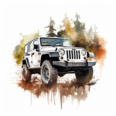 Realistic illustration of a 4 door rubicon Jeep wrangler 2013, silver body with black top, driving up a muddy hill, watercolor style, clipart style on white background, 8k, hyper realistic paint with splashes