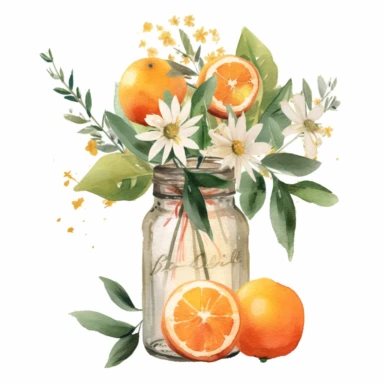Create a watercolor oranges clipart with glass nd bouquets